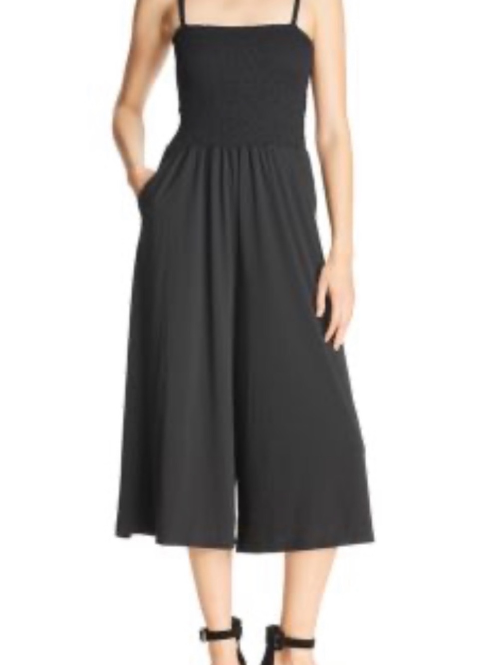 Smocked Bodice Wide-Leg Cropped Jumpsuit - OLIVE GREEN (not black) small